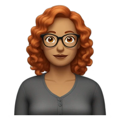 50-year-old woman with wavy red hair, glasses, black frames and a hanger sticker