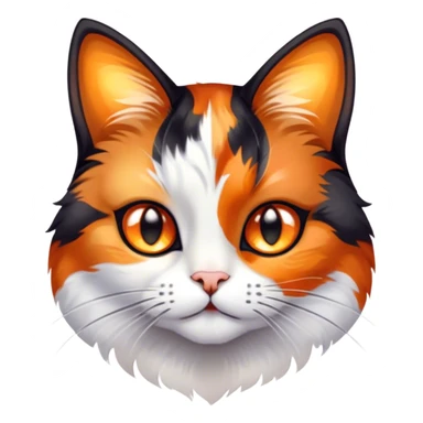 Cinematic Cute Calico Cat Portrait Emoji, Head tilted playfully with sparkling, inquisitive eyes and a charming patchwork fur of orange, black, and white, simplified yet irresistibly adorable, highly detailed, glowing with a warm, inviting glow, high shine, bubbly and affectionate, styled with a touch of whimsical feline charm, soft glowing outline, capturing the essence of a delightfully cute calico cat that looks as if it could prance off the screen into your heart! sticker