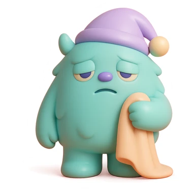 fluffy monster wearing a nightcap, holding a blanket, eyes drooping, soft lighting, vinyl figure style sticker