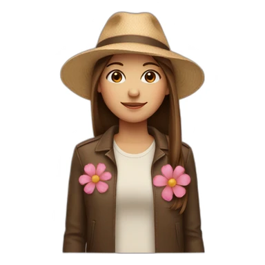 Girl with brown straight hair wearing a hat and flower sticker