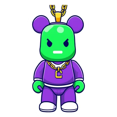 classic bearbrick figure with lime green mask covered in chaotic brand logos, wearing several large gold chains, gold pendant, rapper style accessories, expressive eyebrows sticker