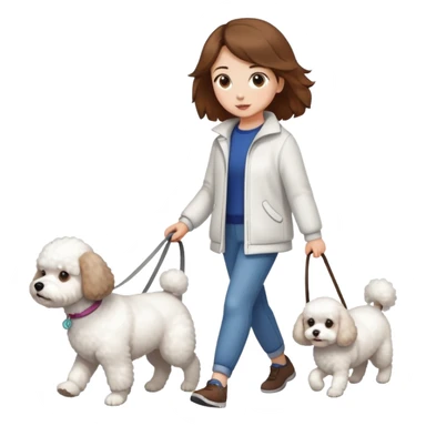 Brown-haired girl walks a Bichon Frise dog sticker