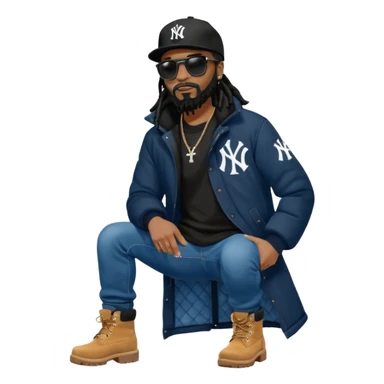African American man with shoulder length black dreadlocks with black beard wearing black sunglasses wearing a black New York Yankees logo baseball cap wearing a black bubble winter coat wearing denim skinny jeans putting on timberland boots on his feet sticker