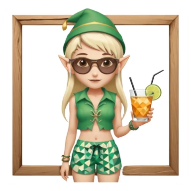 elf female legolas portrait, patterned board shorts (geometric/abstract), unique wooden-framed sunglasses, undercut hairstyle, slight smirk, visible pointy ears, no background, centered emoji, hipster summer vibe coctails with hat sticker