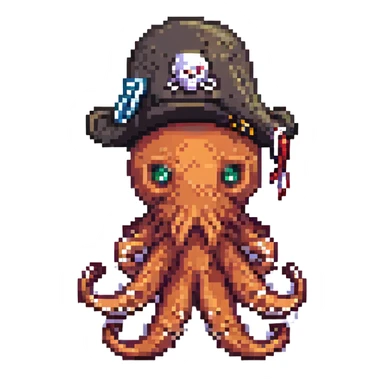 pixel art octopus with pirate hat, winking sticker
