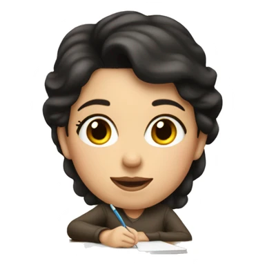 white mom with short dark hair writing  a notebook on a wooden desk sticker