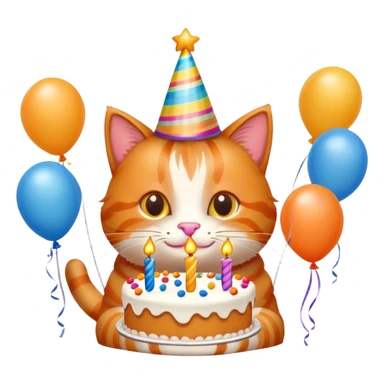 Ginger cat celebrates birthday, birthday hat, birthday cake, balloons, happy sticker