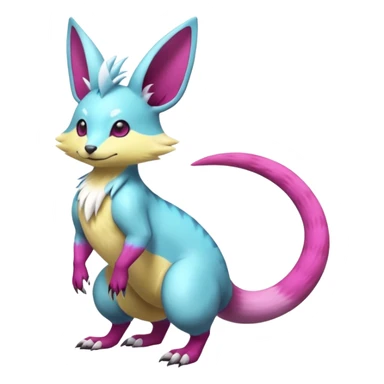 realistic Shiny smooth silky soft Cyan-Yellowish-Magenta Minccino-Zeraora-Emolga-Vernid-Sergal-fusion-hybrid-animal-creature, full body sticker