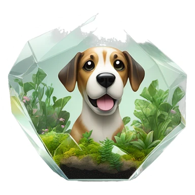A dog made entirely of glass mirror crystals prisms glass transparent filled with plants as a terrarium sticker