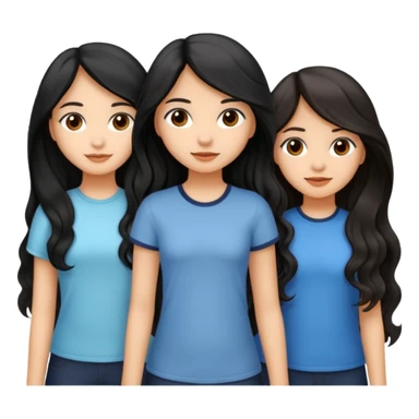 create a trio emoji girl with the first girl with a long black wavy hair with a light skin and the second girl with an mid length wavy hair with a little bit of brown color with light morena skin and the last with long black straight hair with light morena skin sticker