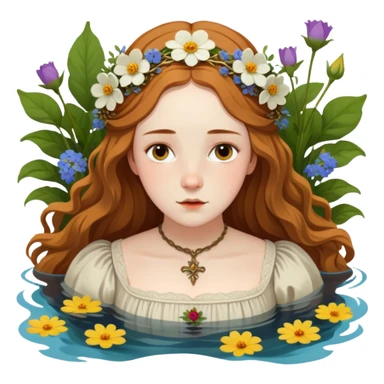 Ophelia from Hamlet floating in water surrounded by flowers, with a tragic expression, wearing a medieval dress, based on Millais painting and Shakespeare's character sticker
