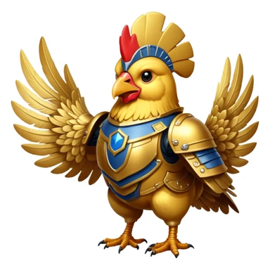 A space chicken wearing golden astartes battle armour sticker
