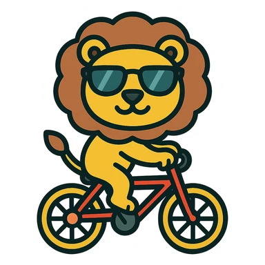 lion wearing sunglasses riding a bicycle, colored icon sticker