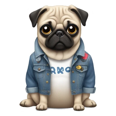 pug wearing a denim jacket with patches sticker