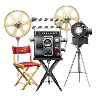Icon for Acting: a theatrical mask, stage lights, a director’s chair, a script and a vintage movie camera, representing the craft of acting in theater. The design should reflect creativity, performance, and storytelling on stage. Transparent background. sticker