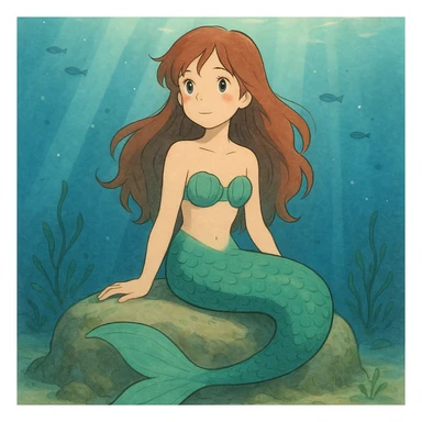 mermaid sitting on a rock underwater, soft lighting, ghibli style sticker
