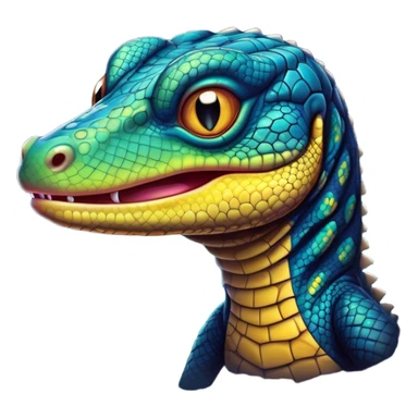 Cinematic Comical Monitor Lizard Portrait Emoji, Head tilted dramatically with an exaggeratedly shocked expression, featuring a robust, patterned body with wide, comically expressive eyes full of humorous disbelief, Simplified yet hilariously expressive features, highly detailed, glowing with a slightly sassy glow, high shine, dramatic yet playful, stylized with an air of quirky reptilian attitude, soft glowing outline, capturing the essence of a meme-worthy monitor lizard that looks ready to side-eye its way into viral fame! sticker