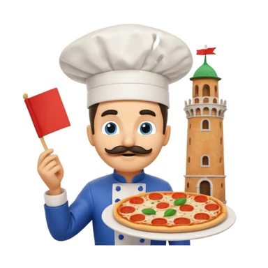 Surreal Sonic the Hedgehog as an Italian chef, chef’s hat, mustache, pizza and spaghetti, wild Italian-themed background with Pisa tower, flags, pasta, red-checkered patterns, vibrant and absurd, emoji style sticker