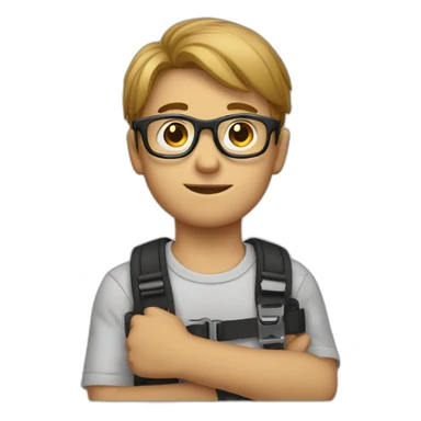 a boy with glasses on his face and a wrist belt on his wrist sticker