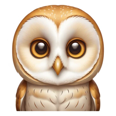 Cinematic Cute Barn Owl Portrait Emoji, Head tilted playfully and inquisitively, featuring a softly mottled Fur of white and brown with delicate feather patterns, round, sparkling amber eyes filled with curious wonder, Simplified yet irresistibly adorable features, highly detailed, glowing with a warm, friendly glow, high shine, affectionate and gentle, stylized with a touch of barnyard whimsy, bright and endearing, soft glowing outline, capturing the essence of a mischievous yet loving owl, so playful it feels like it could swoop out of the screen and into your arms! sticker