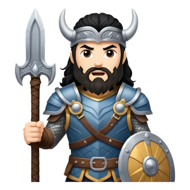 vikingo con armadura de Asgard, pelo negro ondulado, de pie, grito de guerra en torre de Asgard. sticker