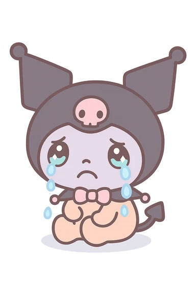 Kuromi crying, kawaii style, transparent background, sitting on the floor sticker