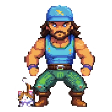 Razor Ramon from Sega WWF Mania video game defeating a cat wearing a cap, 16-bit style sticker