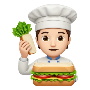 A 3D cartoon chef assembling a fresh sandwich with lettuce and meat, clean kitchen background, Memoji-style. sticker