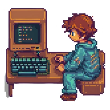 programmer, pixel art style, 8-bit, retro computer, coding on screen sticker