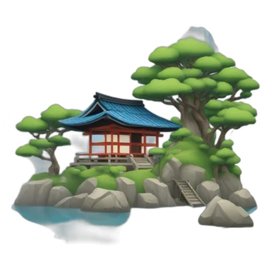 A lakeside island with a shinto shrine and small Japanese house with a blue tiled roof sticker