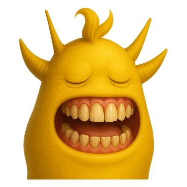 yellow alien-like character named Sprunki, two spiky horns on both sides of its head, two straight antennae, swept-up tuft of hair on top, noticeable shading and darkening of color mostly on top of head, no outlines, eyes closed replaced by shallow depressions with wrinkled lines, enlarged mouth with elongated realistic teeth and exposed gums, no visible injuries sticker