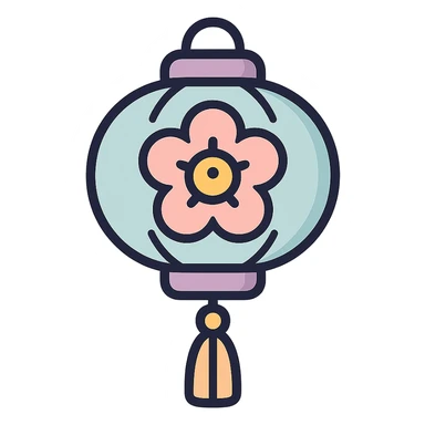 Chinese lantern with floral decor, thin clean outlines, soft rounded shapes, pastel palette #98B5BC, #B5B3C1, #C9A3C9, #E4C0CA, #F7DCD1, #F7C0AA, modern Japanese pop art and sticker aesthetic, detailed shadows and highlights, soft lighting, transparent background sticker