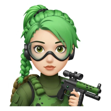 paintball player face girl braided green hair sticker