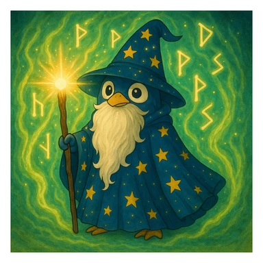 Make the penguin wizard more magical by intensifying the magical aura, adding floating runes, sparkling particles, and a glowing staff tip, in a fantasy illustration style. sticker