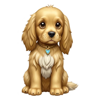cinematic-[cocker spaniel dog]-realistic-full-body-sitting-emoji,-tail-resting-loosely-beside-its-paws,-head-tilted-dramatically,-scruffy-[solid gold]-fur,-simplified-yet-realistic-focused-features,-highly-detailed,-glowing-with-an-almost-sarcastic-glow sticker