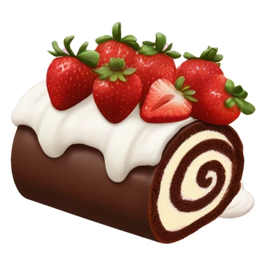 Chocolate Swiss roll birthday cake with sliced strawberries and popped cream swirls on top  sticker