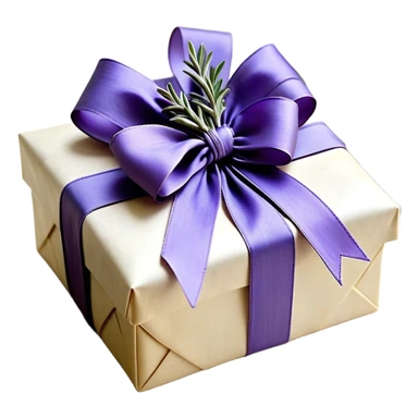 A weathered parchment-wrapped gift, secured with a lavender silk bow, lies nestled among dried sprigs of violet and indigo-hued lavender, their scent mingling with the faint trace of aged paper. A few stray ribbons, in shades of wisteria and dusk, cascade over the edges, whispering of quiet elegance and old-world charm.
 sticker