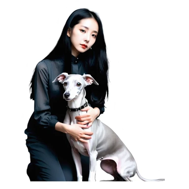 Slim Chinese girl with long black hair petting completely solid grey Italian greyhound with absolutely no white markings anywhere sticker