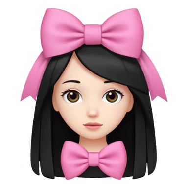 white girl, cute, black long straight hair, large pink bow sticker