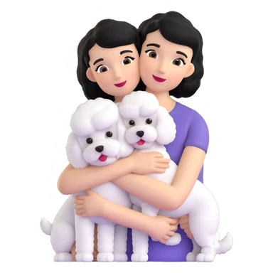 woman with short black hair hugging a brown poodle and a white bichon frise sticker