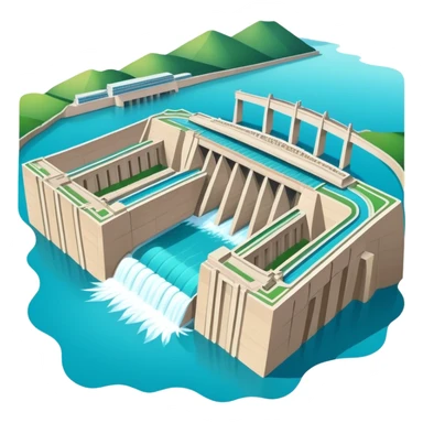 Yangtze River Three Gorges Dam massive structure, simplified emoji style with bold outlines and bright colors, cartoon style dam with water sticker