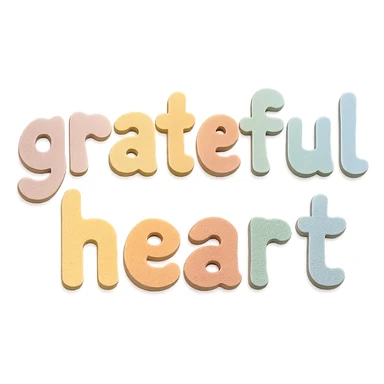 "Grateful Heart" in soft pastel rainbow soft puffy lettering, cute hand-drawn font, no outline, transparent background sticker