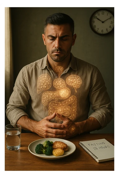 A cinematic close-up of a focused man in his mid-30s with slight beard and tired but determined eyes, sitting alone at a simple wooden table with an untouched plate of food in front of him. His hands are clasped, fingers interlocked in a meditative position over his lower abdomen, symbolizing willpower and internal balance. He wears a lightweight natural fiber shirt, sleeves rolled up. The lighting is soft and natural, early morning light coming from a nearby window. Around him, visual cues of cellular regeneration — faint glowing patterns subtly overlaying his body, especially near the liver, gut, and brain, suggesting autophagy and deep healing. The room is minimalist: a glass of water, a notebook with fasting hours, and a clock in the background ticking calmly. The tone is serene, intentional, and deeply introspective. Shot in 35mm cinematic style, warm highlights and clean shadows. sticker
