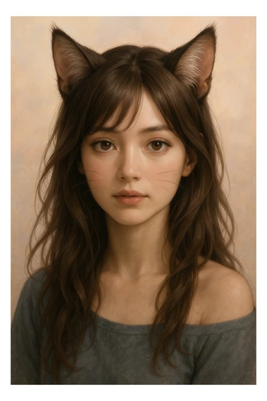 anime-inspired catgirl, realistic proportions, detailed hair, feline features, soft background sticker