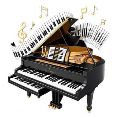 Create a sophisticated and celebratory emoji collage representing keyboard instruments, designed in the style of a coat of arms or crest. The design should feature surrounded by a ribbon of musical notes. The ribbon should intertwine with a second ribbon made of black-and-white piano keys, creating a flowing, symmetrical pattern.  The musical notes should be swirling around the design in a harmonious, festive arrangement. Use gold, silver, and rich wood tones to evoke a sense of luxury and professionalism, with the black-and-white keys of the piano adding contrast. The background should remain transparent sticker