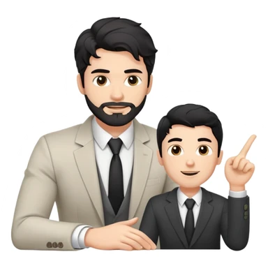Professional 35-year-old man with black wavy hair, stubble, strong jawline, white skin tone, wearing smart casual business attire, sitting across from a young professional, providing one-on-one mentorship, gesturing with supportive and guiding expression sticker