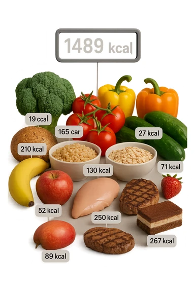 a digital calorie counter hovers above a variety of foods arranged on a table—fruits, vegetables, grains, meats, and desserts. Each food has a floating label showing its calorie content. The background is clean and modern, emphasizing the educational aspect of calorie awareness. scritto in italiano sticker