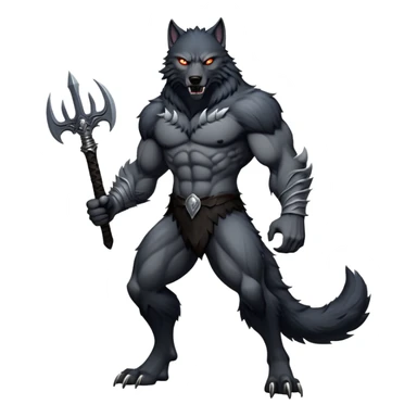 cinematic-noble-fierce-werewolf-full body-emoji, poised-and-imposing, with a tall, slender yet muscular frame inspired by the brutal, imposing shape of the beast from Berserk, fur rippling in shades of midnight black and silver, eyes glowing with an intense, primal ferocity, reflecting the untamed power of the wild moonlit night; rendered with realism sticker