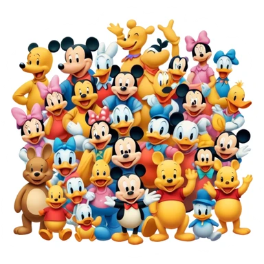 A colorful, playful close-up collage of classic cartoon characters like Goofy, Mickey Mouse, Donald Duck, Winnie-the-Pooh, and others. Bright, vibrant colors with cheerful expressions. Whimsical and nostalgic style. Transparent background. sticker