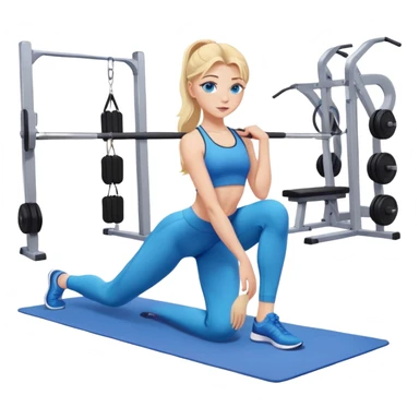 Blonde girl with blue eyes stretching in gym with leggings sticker